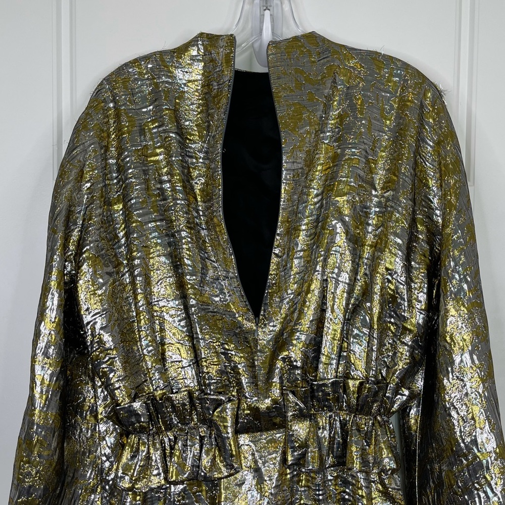 DRIES VAN NOTEN Ruffle Trimmed Metallic Silk Blend Brocade Dress NEW Silver Gold - Picture 12 of 15